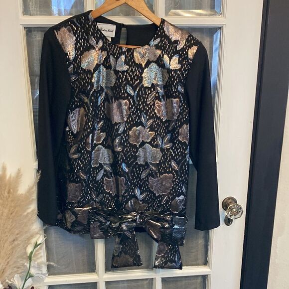 Vintage Metallic Silver and Gold Floral Bow Blouse - Picture 2 of 14